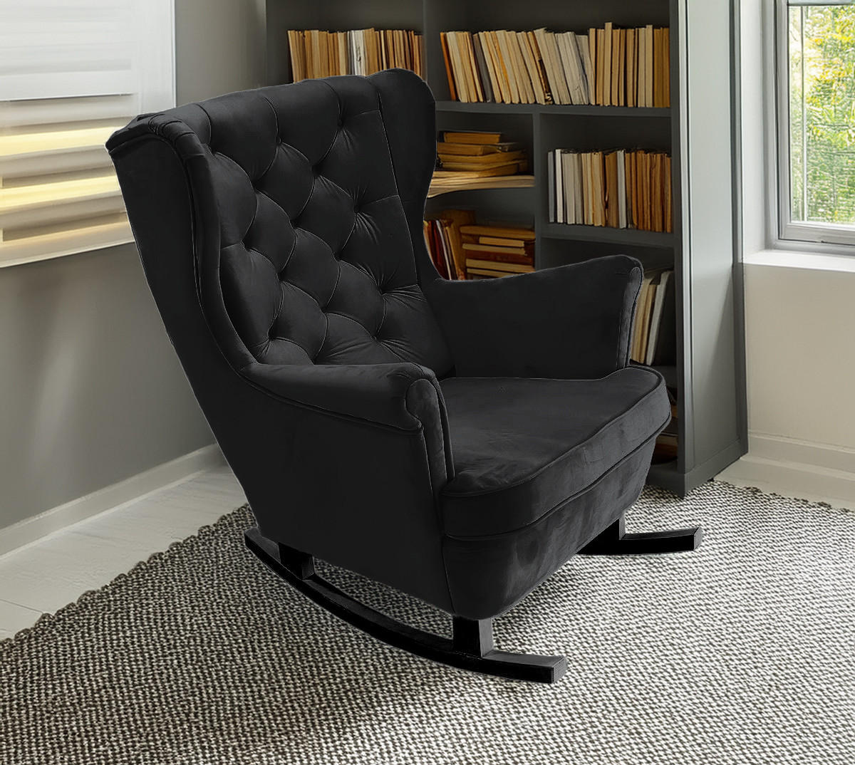 SCHAUKELSESSEL mit gepolstertem Sitz und Armlehnen, 102x81x95 cm, Schwarz_29861 - Schwarz, Holz/Textil (81/102/95cm) - DomoHome