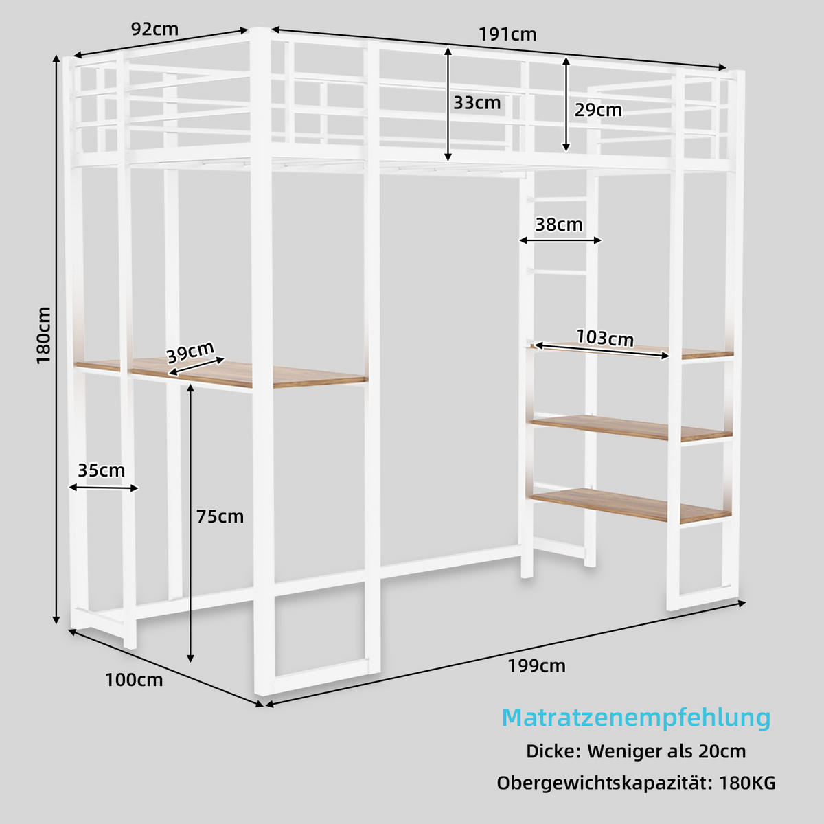 HOCHBETT 90/200 cm mit Schreibtisch, beidseitiger Leiter und stabilem Metallrahmen, Weiß - Weiß, Metall (90/200cm) - Redom