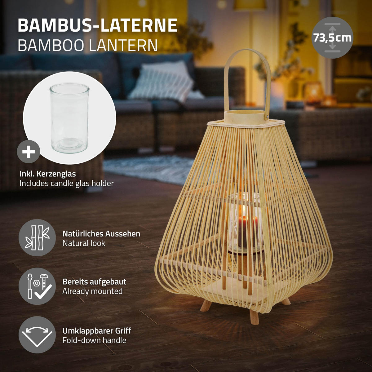 BAMBUSOVÁ LAMPION H: 73,5 cm barva dřeva styl Boho - přírodní, dřevo (38/73.5/38cm)