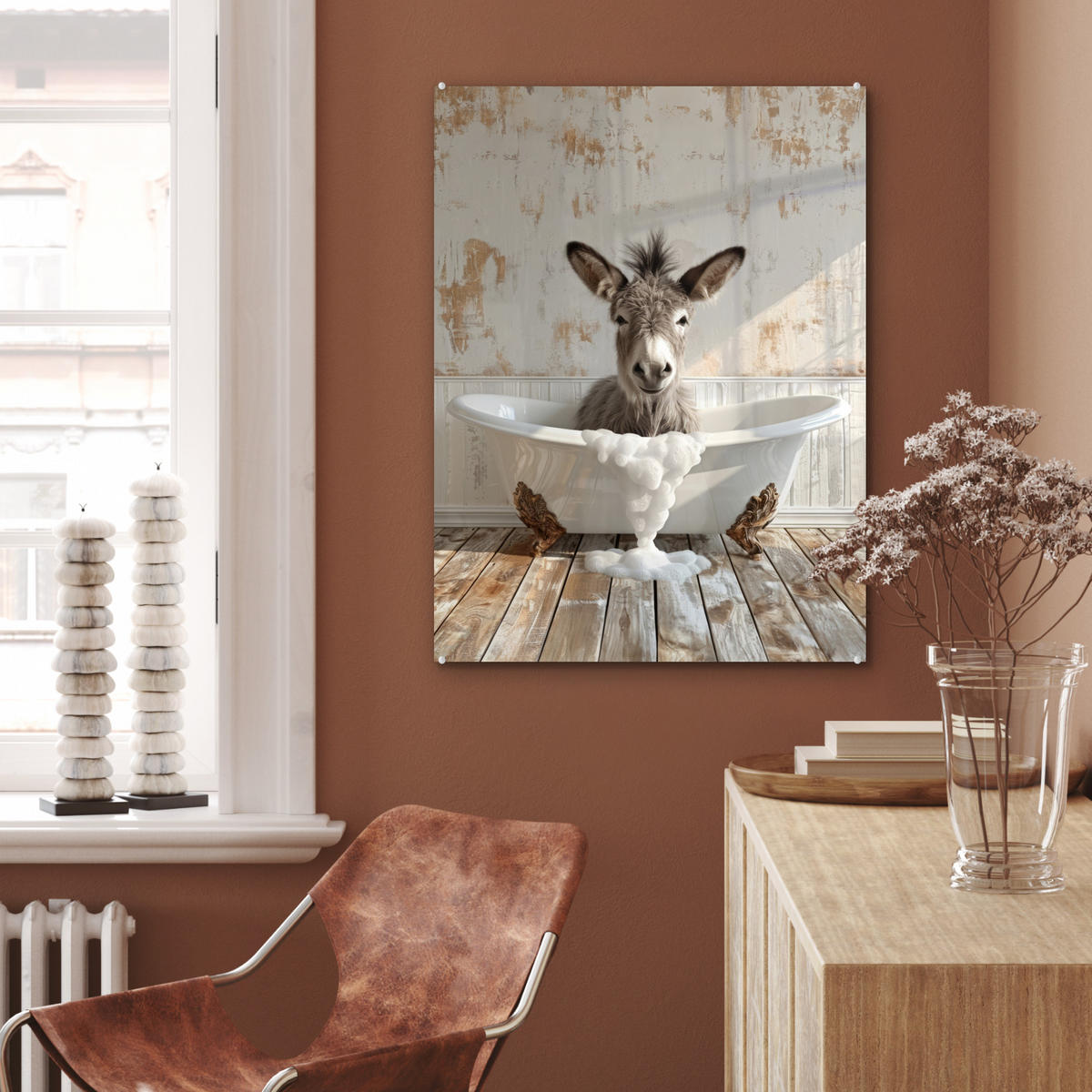 ACRYLGLASBILD Esel - Tiere - Badewanne - Schaumstoff 60x80 cm - Weiß, Glas (60/80cm) - MuchoWow