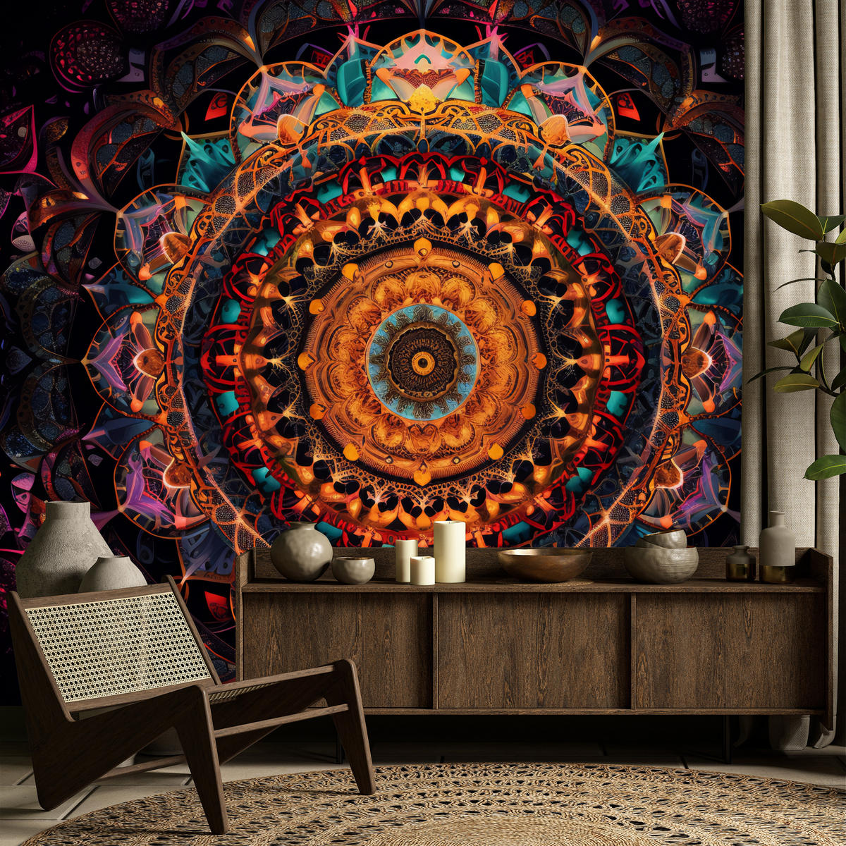 FOTOTAPETE für Schlafzimmer Bunte Mandala Vintage Orientalisch Harmonisch 400x280 - Gelb/Rot, Papier (400/280cm) - Muralo