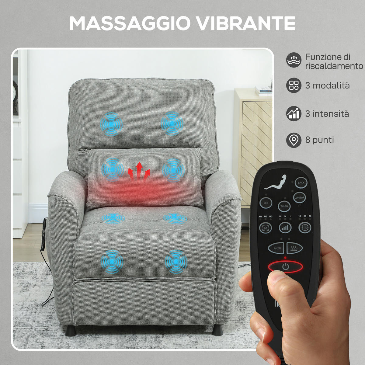 RELAXSESSEL, Heizung, 8 Massagepunkte, 5 Modi, Chenille-Bezug, Anthrazitgrau - Multicolor, Holzwerkstoff (93/102/88cm) - FORIOUS