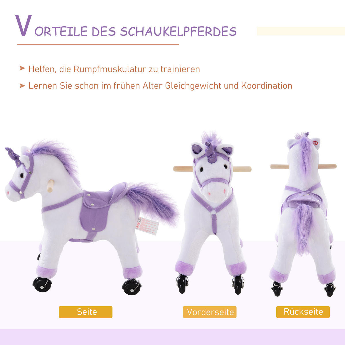KINDER SCHAUKELTIER, Weiß+Lila, Pappelholz+ Plüsch - Weiß, Holz (23/60/55cm) - HOMCOM