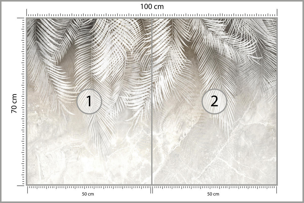 FOTOTAPETE für Schlafzimmer Vintage Palmenblätter auf Marmor Beige 100x70 - Weiß/Grau, Papier (100/70cm) - Muralo