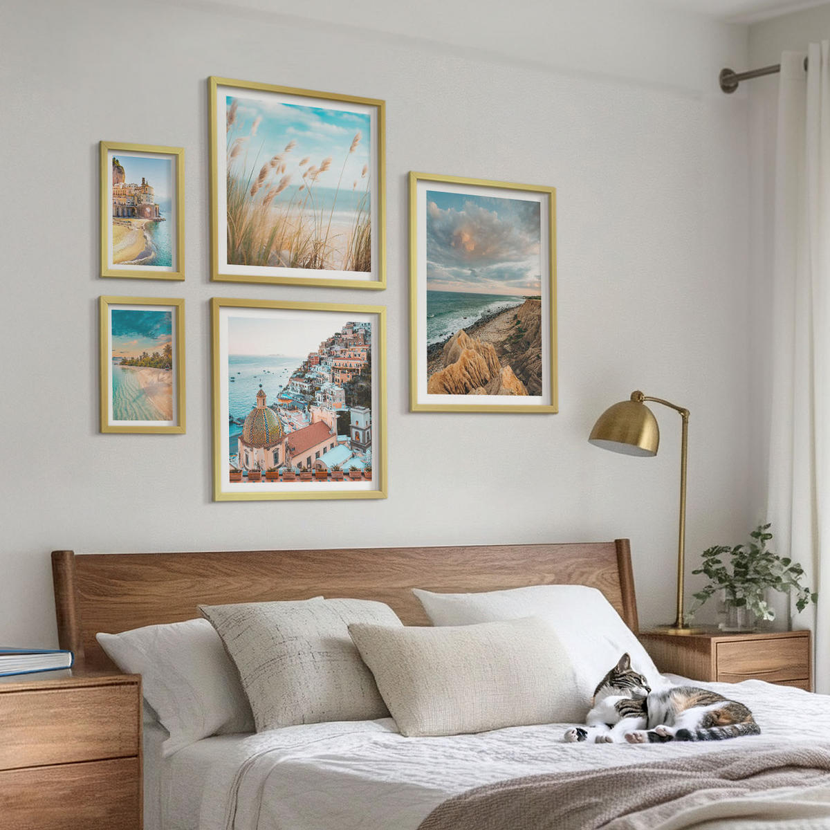 BILDER SET 5er Set - 50x50 cm & 20x30 cm & 40x60 cm Goldrahmen - Landschaften Strand Stadt Klippen - Goldfarben, Kunststoff (40/60cm) - TULUP