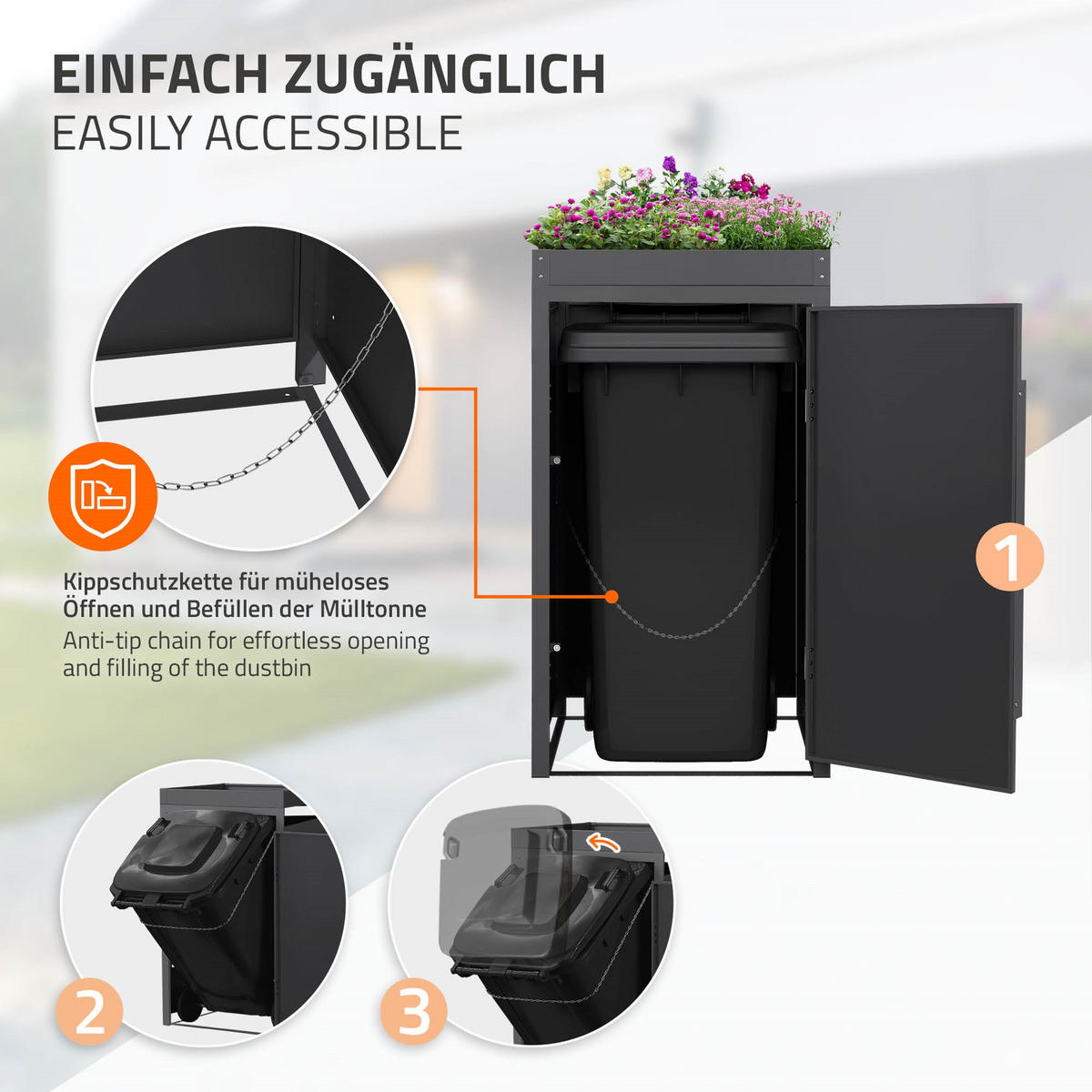 MÜLLTONNENBOX 1er mit Pflanzdach 240L Anthrazit-Eiche hell aus Stahl - Hellbraun, Metall (80/124/68cm) - ML-DESIGN