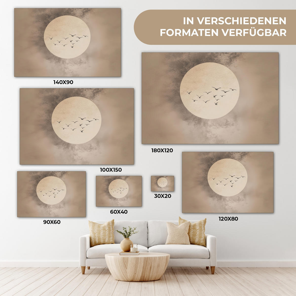 LEINWANDBILD Vogel - Beige - Japanisch XXL 150x100 cm - Taupe, Textil (150/100cm) - MuchoWow