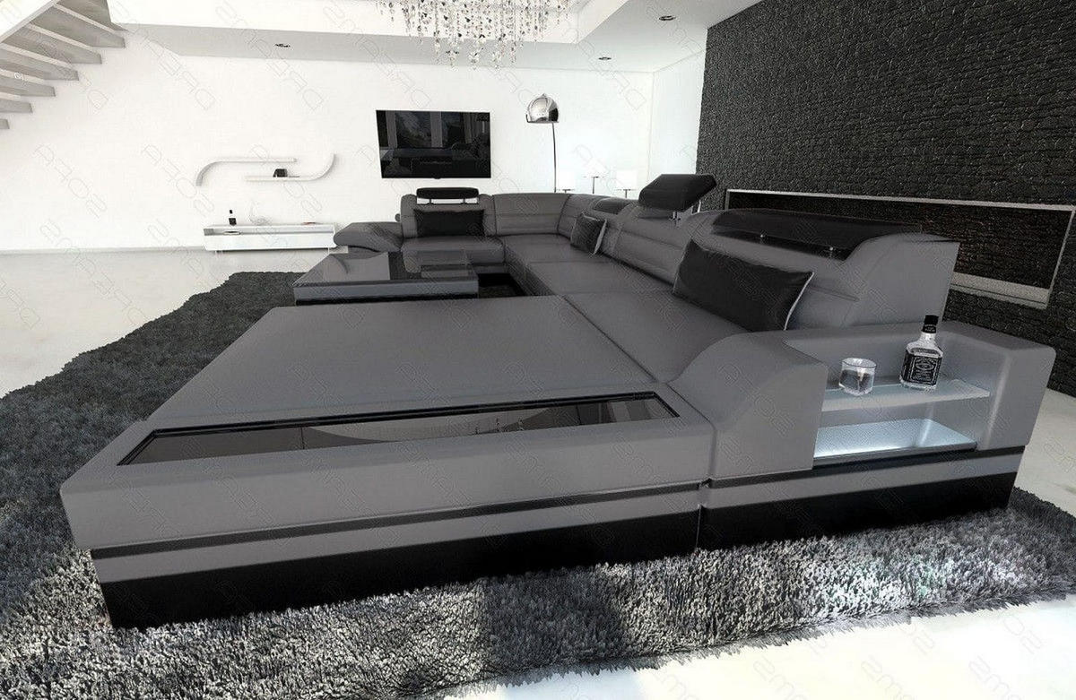 SOFA Mezzo U Grau Schwarz Büffelleder - Grau, Leder (372/78/214cm)
