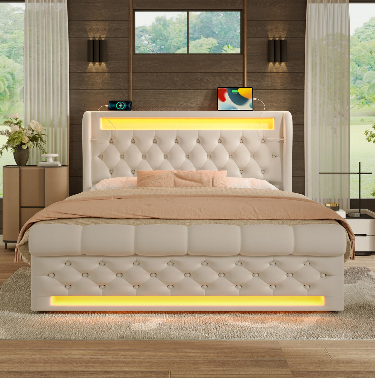 POLSTERBETT 160/200 cm Beige mit LED-Beleuchtung und USB-Anschlüssen mit Matratze - Beige, Textil (160/200cm) - OKWISH