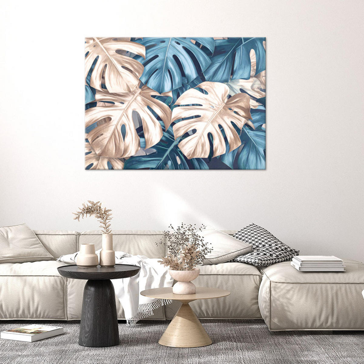 WANDBILD, Tropische Monstera-Blätter Natur Pflanzen - Blau, Textil (120/80cm) - Feeby