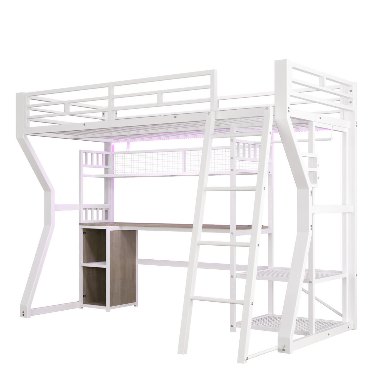 HOCHBETT 90/200 cm in Weiß mit Lichtleiste, Steckdose und Schreibtisch, Metall - Weiß, Holzwerkstoff/Metall (90/200cm) - CHICFURN