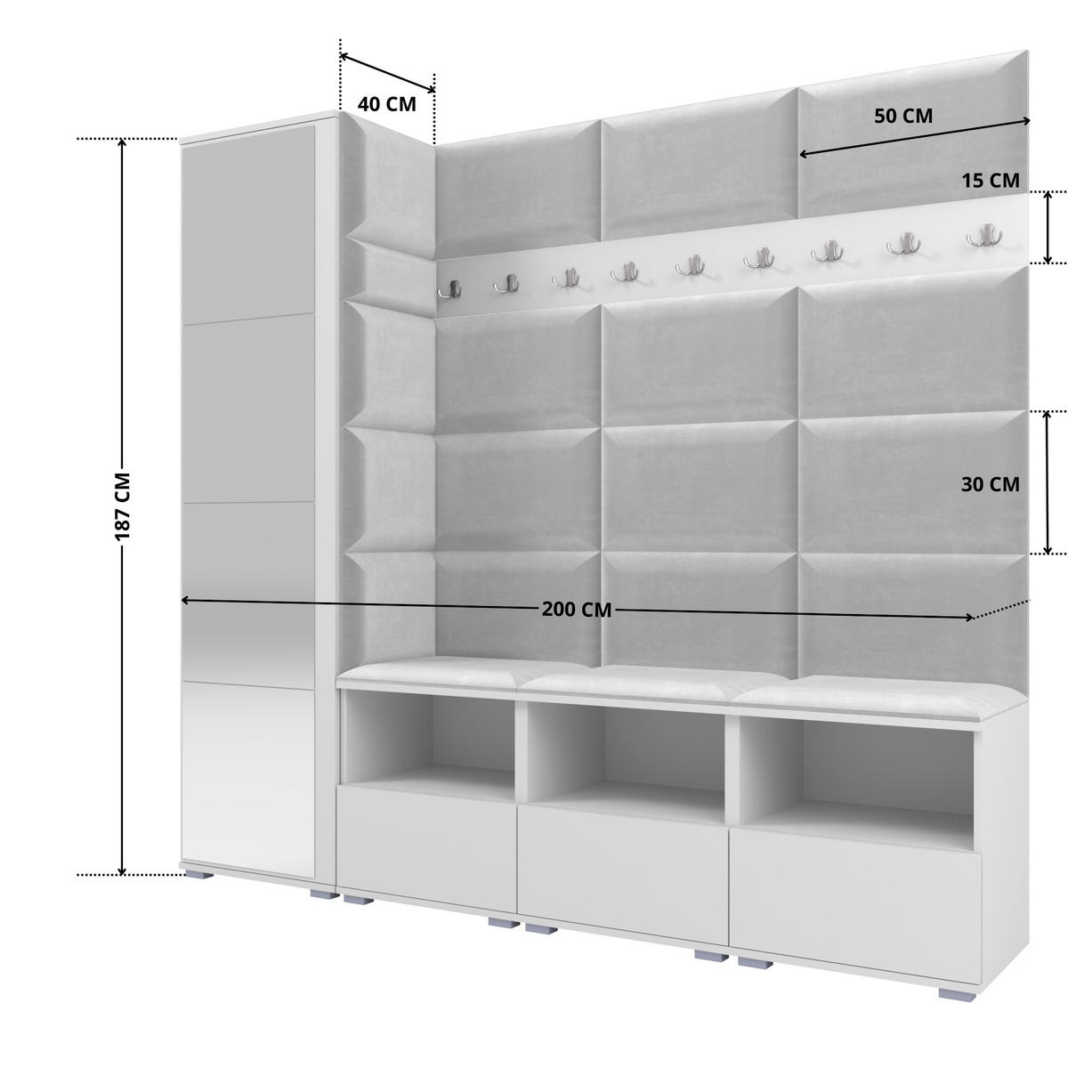 GARDEROBE NELA IX 200 cm (Modulare Flurmöbel Weiß mit Spiegel & Sitzpolster Hellgrau 32 Breite Sitzbank) - Silberfarben/Hellgrau, Holz/Holzwerkstoff (200/187/40cm) - Ravio