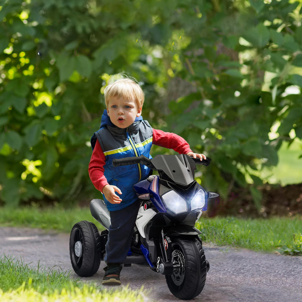 KINDER-ELEKTROMOTORRAD mit Musik, 3 km/h, für 3-5 Jahre Kinder - Blau, Metall (86/42/52cm) - HOMCOM