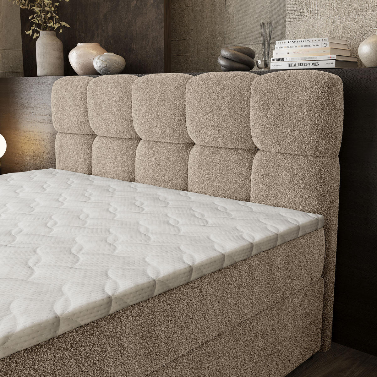 BOXBETT BRUME 180x200 cm mit Matratze und Topper, H2+H3 - Beige - Beige, Holz (180/200cm) - MASSENO