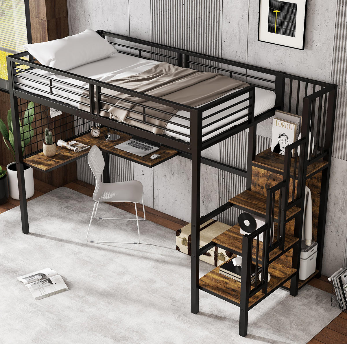HOCHBETT 90/200 cm mit Schreibtisch und Kleiderschrank in Schwarz/Dunkelholz - Schwarz, Holzwerkstoff (90/200cm) - BEAOK