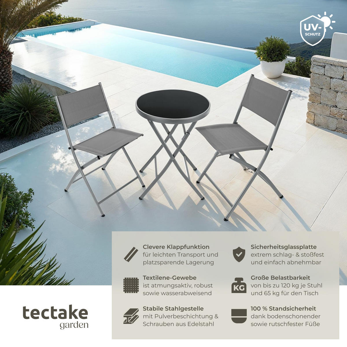 BISTRO-SET Düsseldorf,Tisch mit Sicherheitsglasplatte,grau - Grau, Naturmaterialien/Kunststoff - tectake