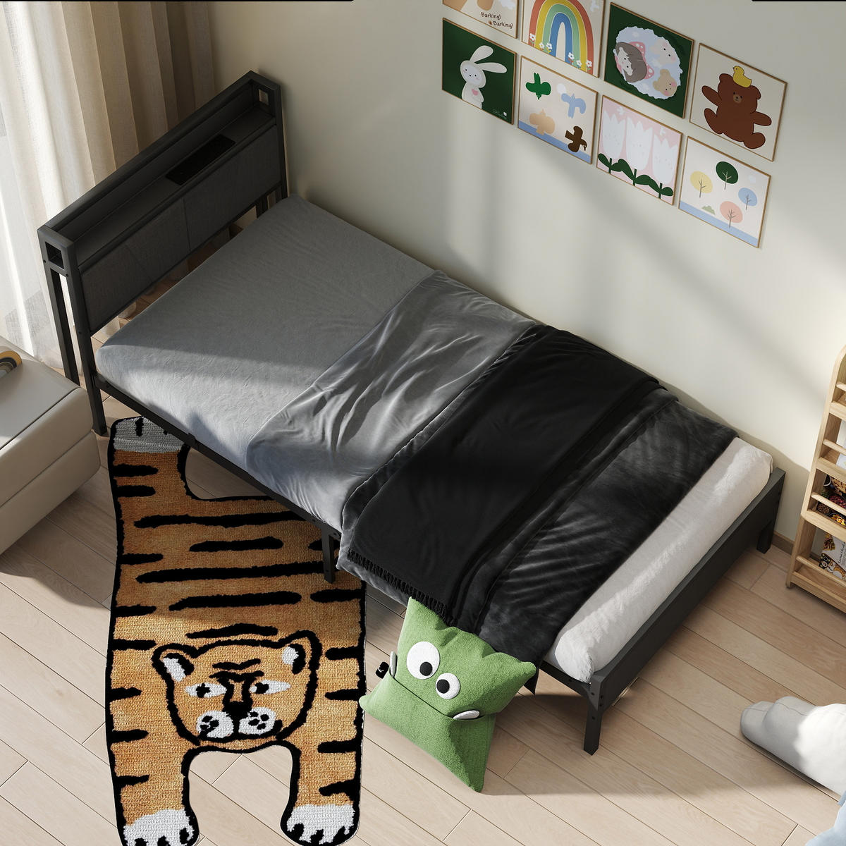 METALLBETT 90/200 cm Schwarz mit Stauraum-Kopfteil mit 2 USB-Ladeanschlüssen - Schwarz, Metall (90/200cm) - OKWISH