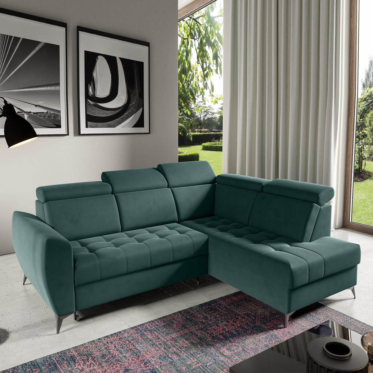 ECKSCHLAFSOFA Aurora II mit verstellbare Kopfstützen, Dunkelgrün, rechts - Dunkelgrün/Schwarz, Textil (266/204cm) - Beautysofa