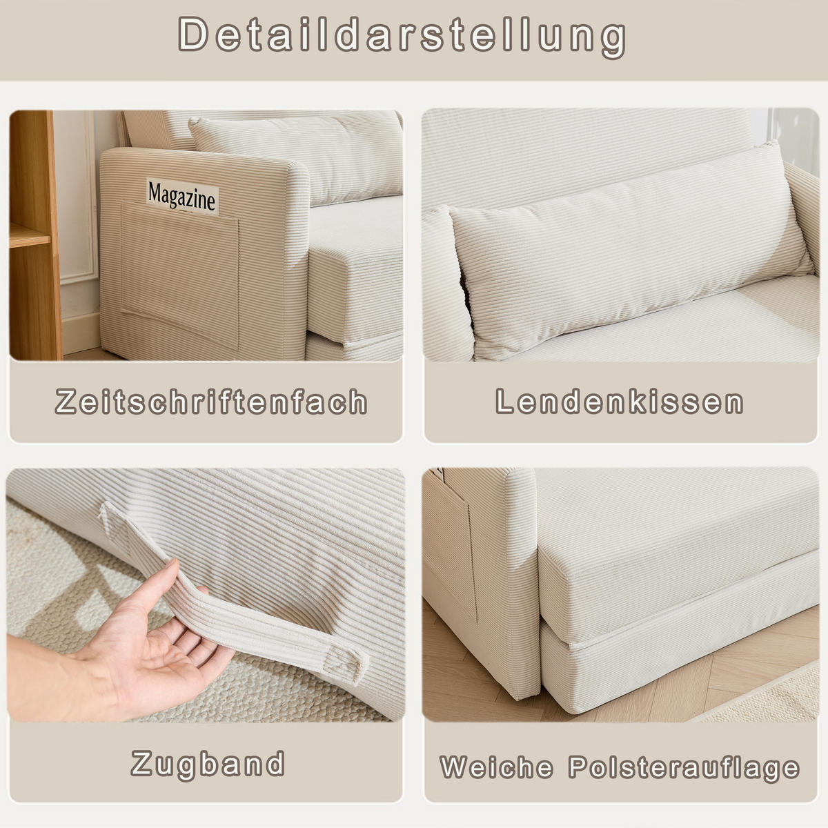 2-SITZER SCHLAFSOFA 2-Sitzer Cord Beige mit 2 Lendenkissen und Magazintaschen - Beige, Holzwerkstoff/Textil (165/67/212cm) - WISHDOR
