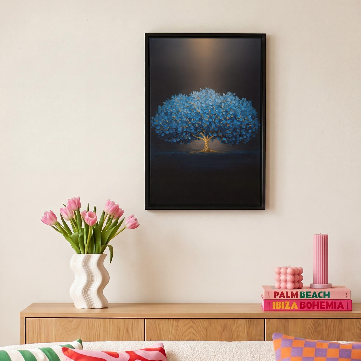 LEINWAND Bilder mit Rahmen - Baum - Blau - Blätter - Pinselstriche - 20x30 - Blau, Textil (20/30cm) - MuchoWow