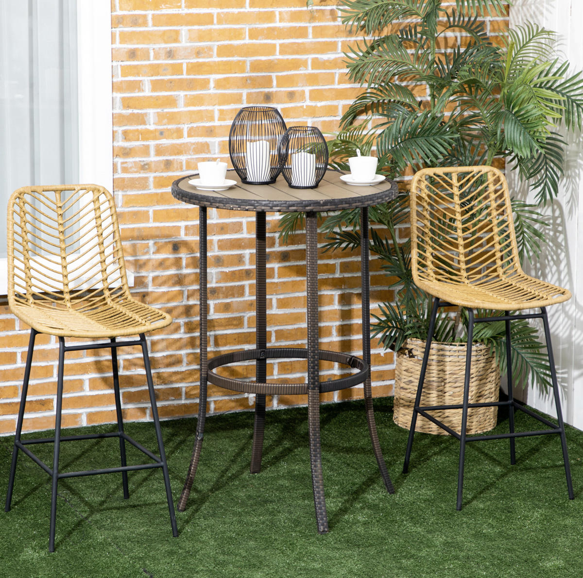 BARHOCKER 2er-Set mit Rückenlehne 42,5 x 52 x 102 cm Rattanoptik Gelb - Gelb, Metall (52/102/42.5cm) - Meubliv