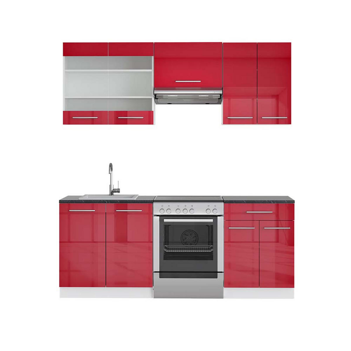 KÜCHENZEILE Fame-Line Bordeaux Hochglanz/Weiß 200 cm, AP Anthrazit - Bordeaux/Weiß, Holzwerkstoff (200/81.6/60cm) - Vicco