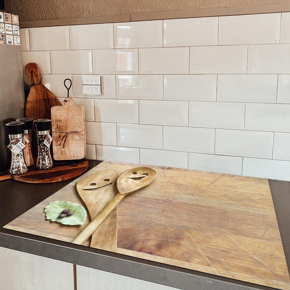 HERDABDECKPLATTE Holz - Löffel - Braun - Smiley 77x59 cm - Hellbraun, Kunststoff (77/59/0.2cm) - MuchoWow