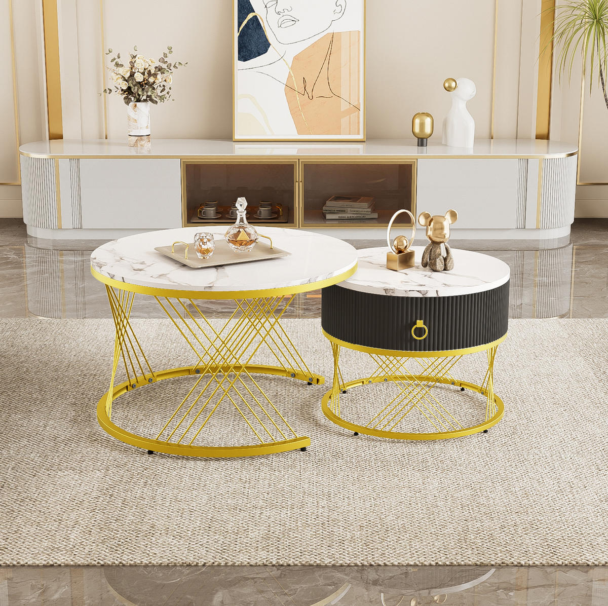 COUCHTISCH 70/70/45 cm und 50/50/40 cm in Weiß/Gold aus MDF mit Schublade - Weiß, Holzwerkstoff (70/70/45cm) - OKMYHOME