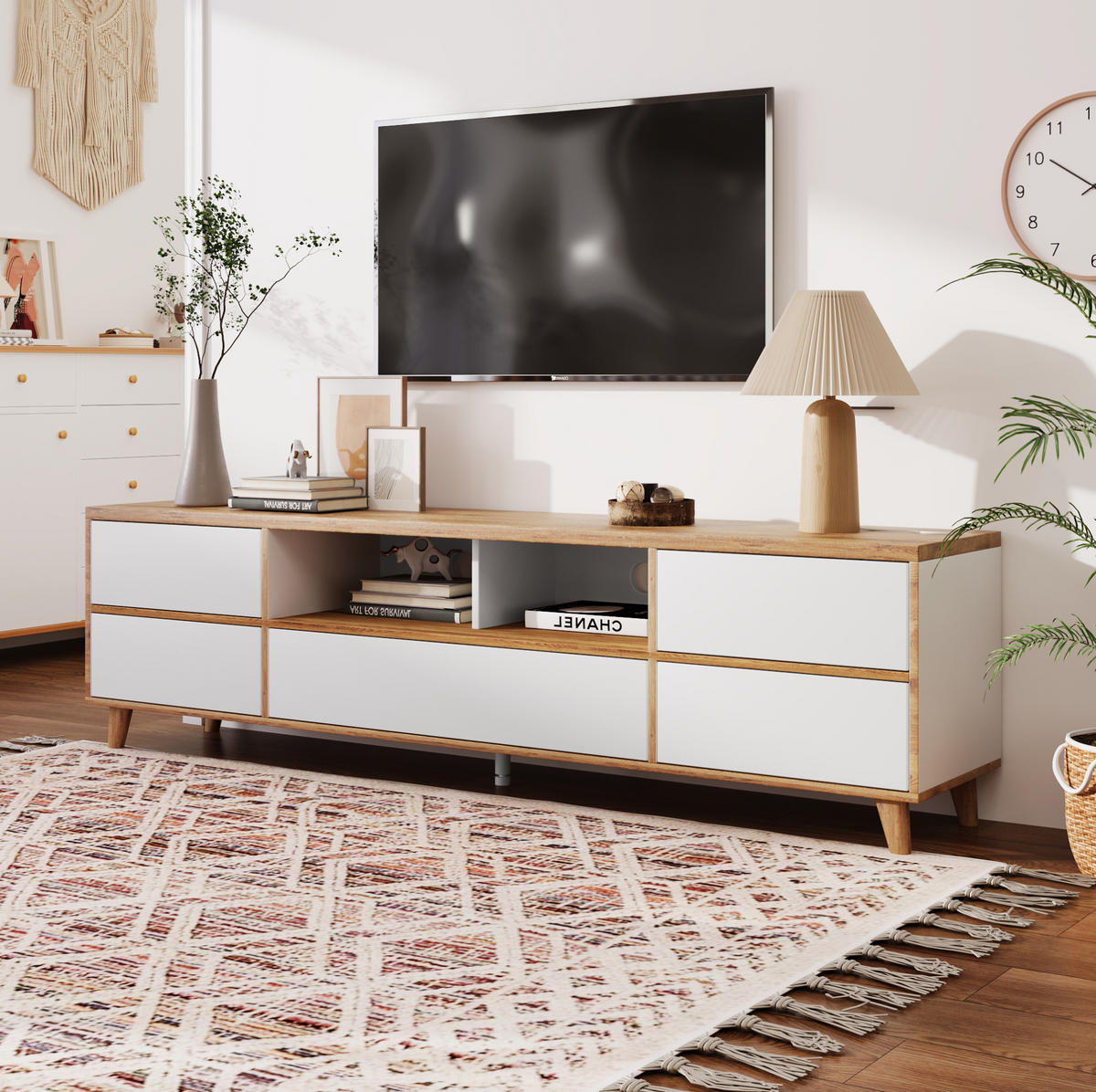 LOWBOARD 175/37/51 cm aus MDF mit 4 Türen und Holzfüßen Weiß - Naturfarben, Holzwerkstoff (175/51/37cm) - Modenvie