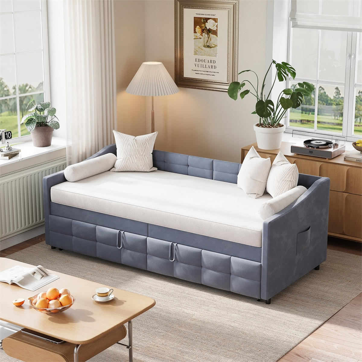 POLSTERBETT 90x200cm mit Ausziehfunktion 90x190cm - Doppelbett 90x200cm&90x190cm - ohne Matratze - Grau - Grau, Textil (90/200cm) - DELFA
