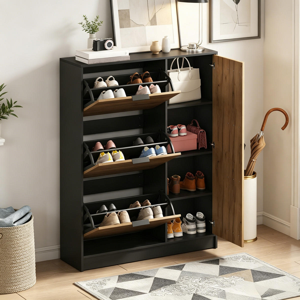 SCHUHSCHRANK in Naturfarben und Schwarz mit 3 Klappfächern und 1 Türfach für Flur, B100/T30/H130 cm - Naturfarben, Holzwerkstoff (100/130/30cm) - STILVORA