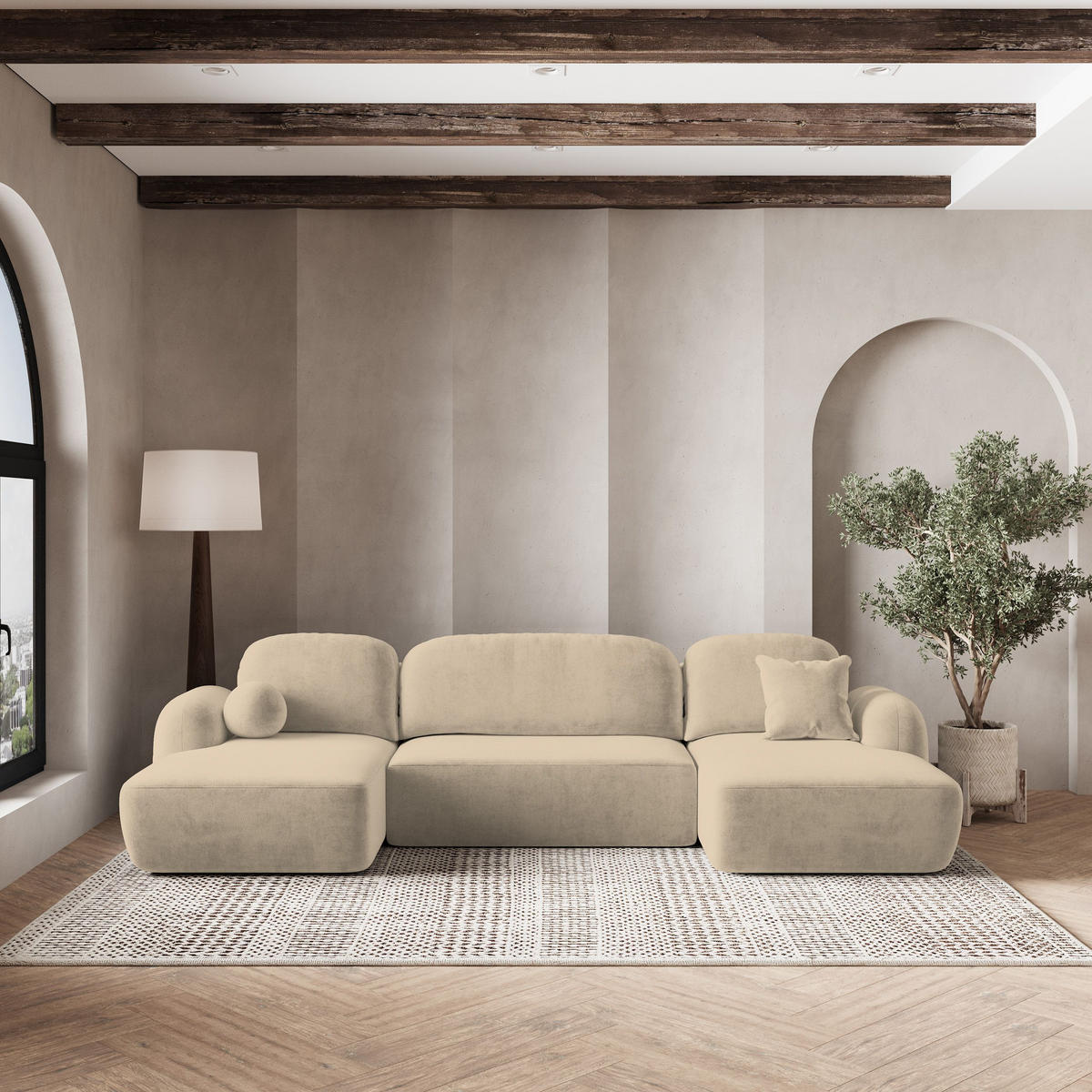 ROHOVÁ SEDAČKA SAVONA béžová - černá/béžová, dřevo/textil (320/148cm) - MASSENO