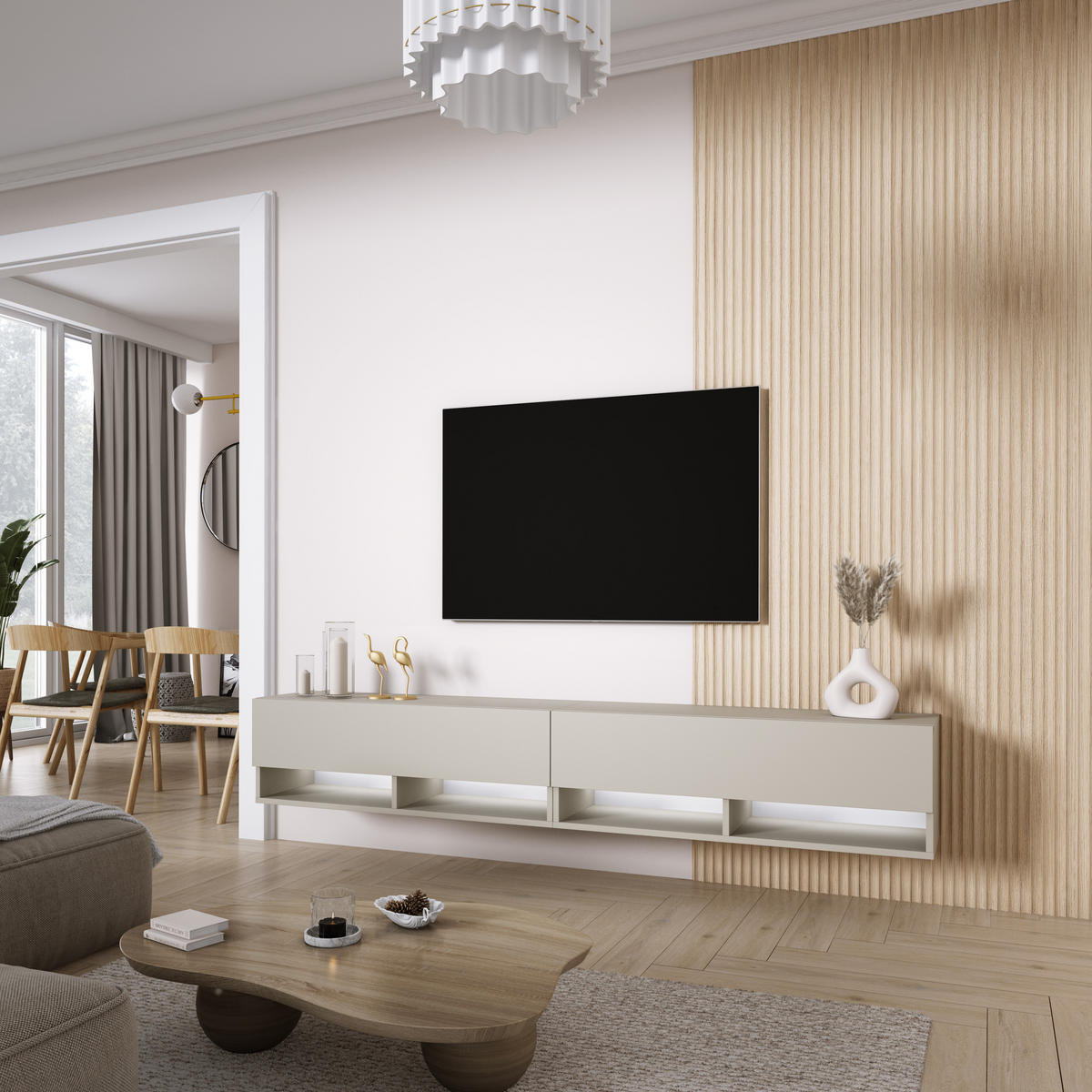 TV-LOWBOARD 200 (2 x 100) cm Kaschmir, LED weiß, 200 × 32 × 34 cm - Beige, Holzwerkstoff (200/33.6/32cm) - 3XE LIVING