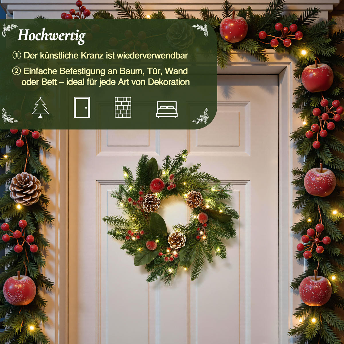 RUSTIKALER Weihnachtskranz Ø40cm mit Äpfeln, LEDs,Timerfunktion - Dunkelgrün, Naturmaterialien (40cm) - Hometopia