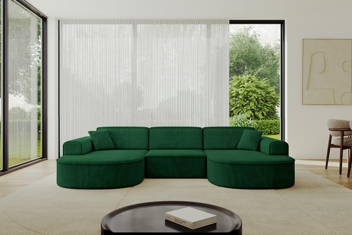 WOHNLANDSCHAFT MARI-U1 - 303x171x79 cm Dunkelgrün Velours - Dunkelgrün/Schwarz, Holzwerkstoff/Kunststoff (303/79/171cm) - ALTDECOR