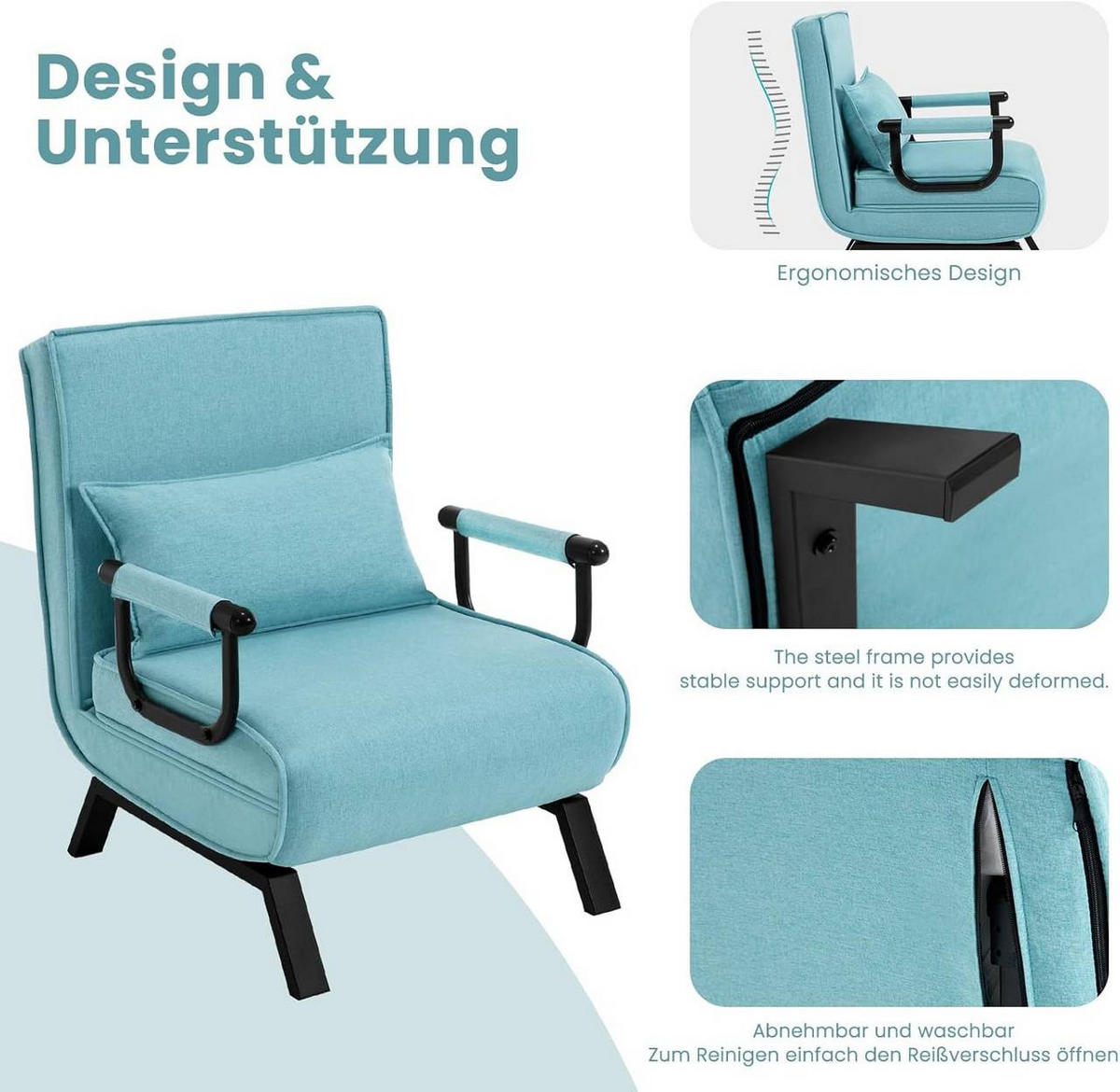 SCHLAFSESSEL 3 in 1, mit Verstellbarer Rückenlehne, Leinen Blau - Blau/Schwarz, Textil/Metall (65/78/75cm) - Woltu