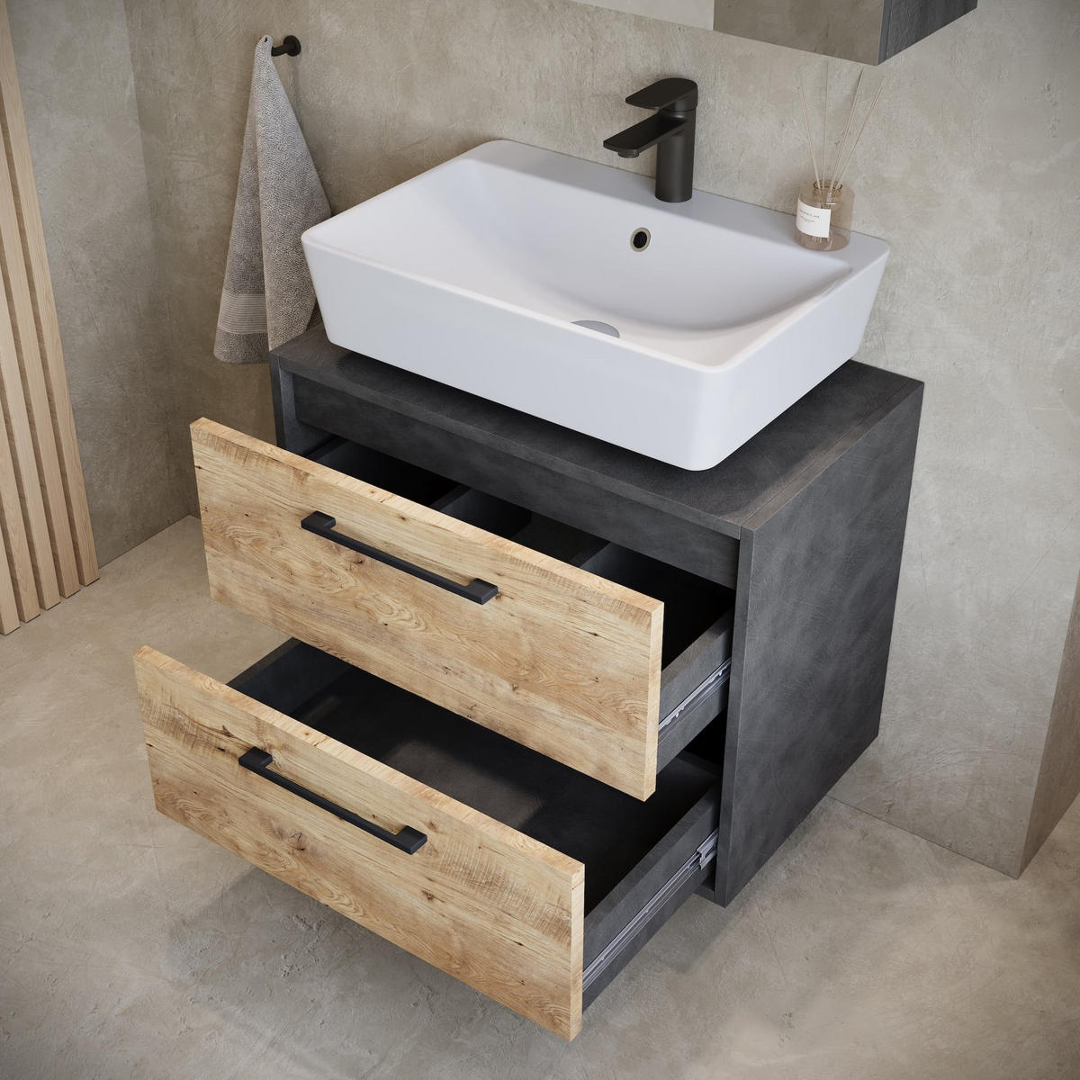 WASCHBECKENUNTERSCHRANK Florence 2 Schubladen Kastanien Eiche / Grau - 60 x 35 x 47 cm - Eichefarben/Grau, Holz (60/47/35cm) - Badplaats