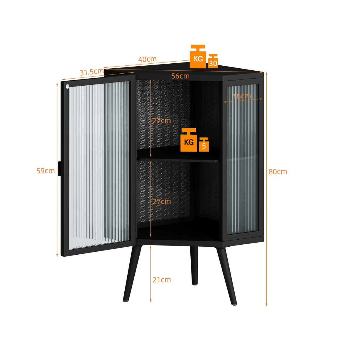 ECKSCHRANK Schwarz Metall & Glas 80cm mit 2 Ebenen & Tür - Schwarz, Metall (56/80/42.5cm) - Urban Meuble