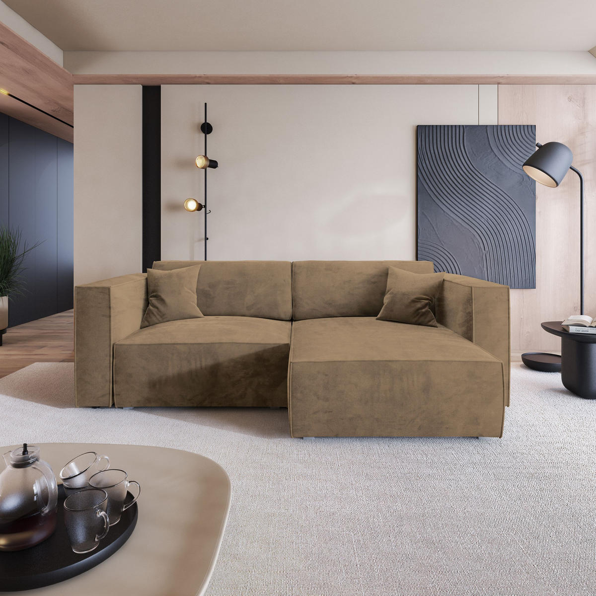 ECKSOFA NERIO M Beige Velours-Stoff mit Schlaffunktion - Beige, Holz (245/148cm) - MASSENO