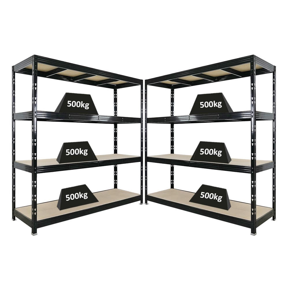 SCHWERLASTREGAL Rhino 2er-Set 200x200x60 cm 4 Spanplatten-Ebenen 8mm Fachlast 500 kg Schwarz - Schwarz, Metall (400/200/60cm) - PROREGAL