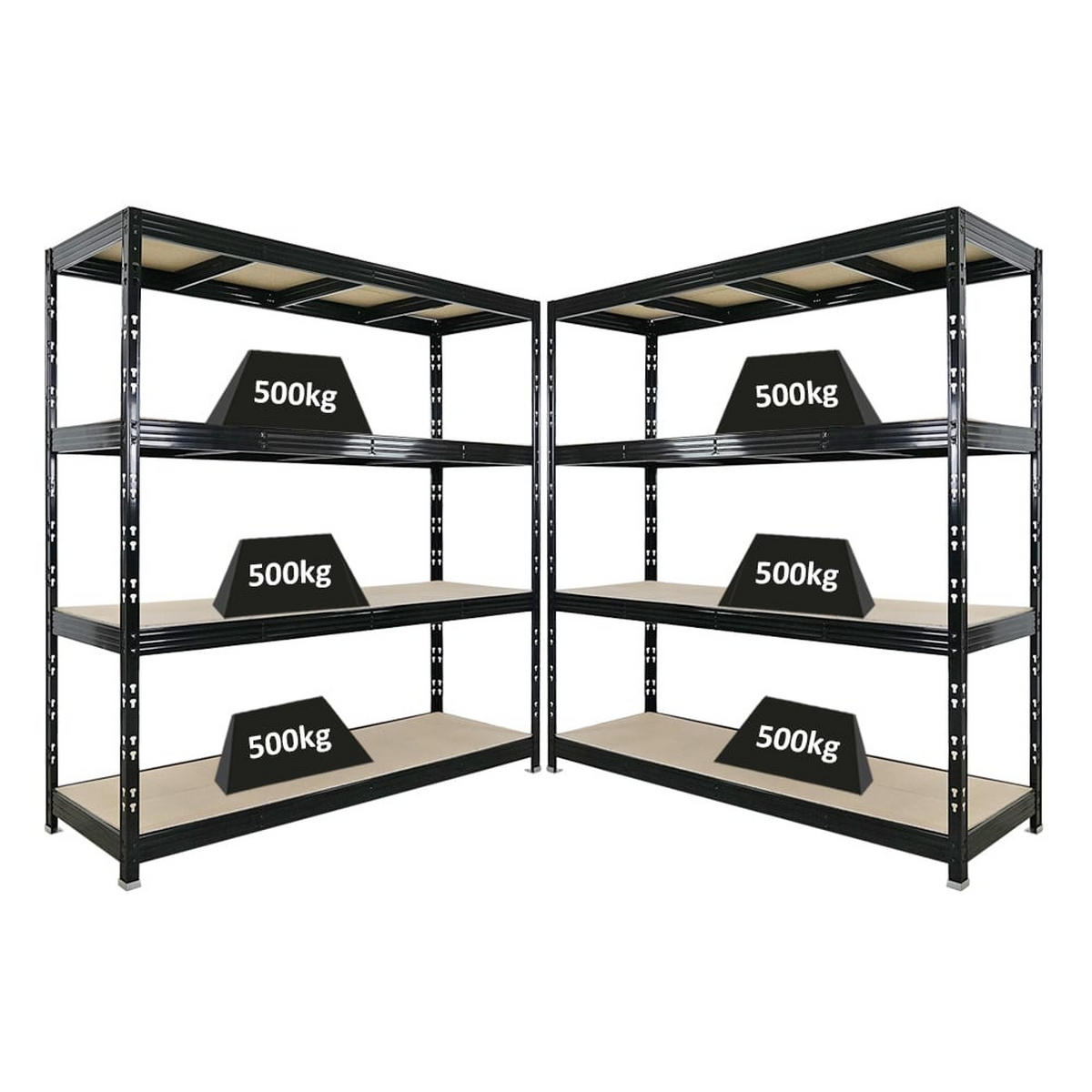 SCHWERLASTREGAL Rhino 2er-Set 200x200x60 cm 4 Spanplatten-Ebenen 8mm Fachlast 500 kg Schwarz - Schwarz, Metall (400/200/60cm) - PROREGAL