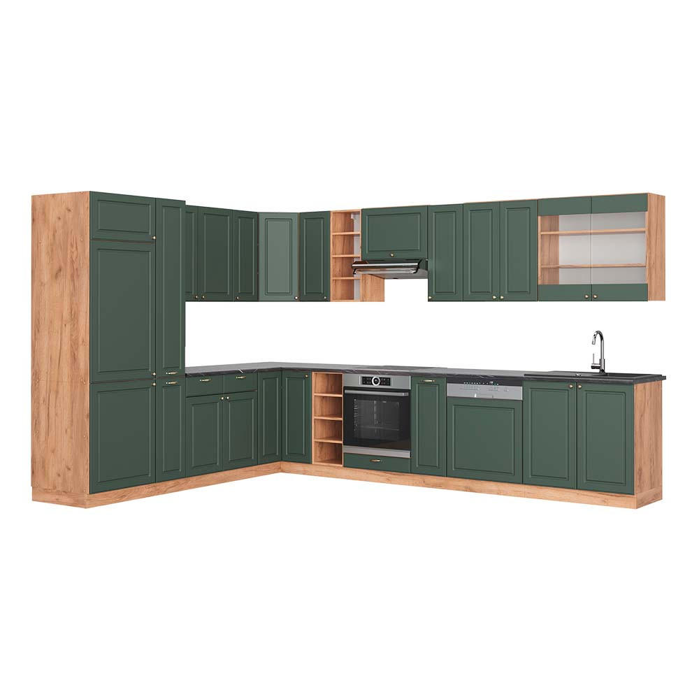 ECKKÜCHE Fame-Line Grün-Gold Landhaus/Eiche 347x257 cm AP Anthrazit - Eiche Wotan/Grün, Holzwerkstoff (347/81.6/60cm) - Vicco