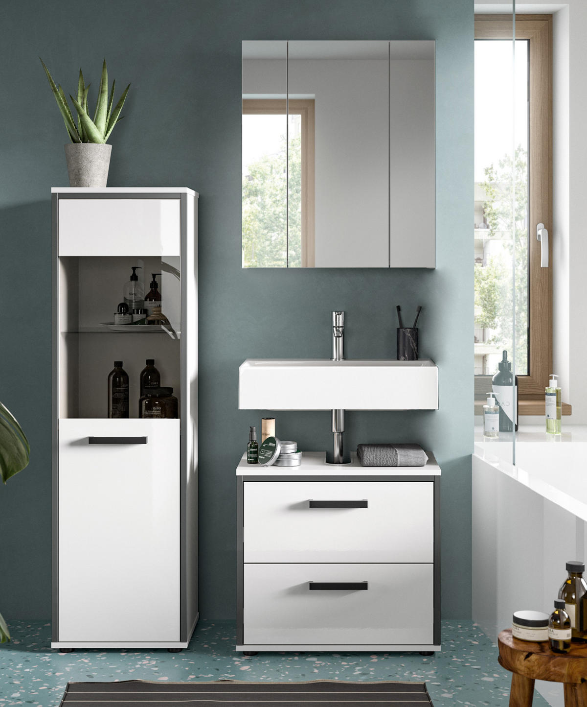 BADMÖBEL-SET 3-teilig weiß Hochglanz, grau, Badkombination 115 x 190 cm - Weiß Hochglanz/Schwarz, Glas/Holzwerkstoff (115/190/37.5cm) - Inn.Furn