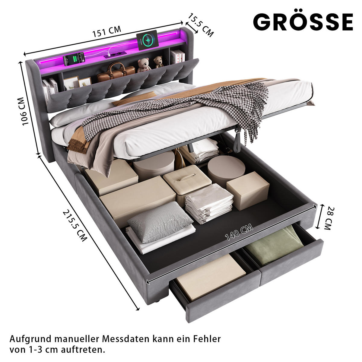 POLSTERBETT 140/200 cm Grau mit LED-Lichtleiste und USB-Anschlüssen - Grau, Holzwerkstoff (140/200cm) - OKWISH