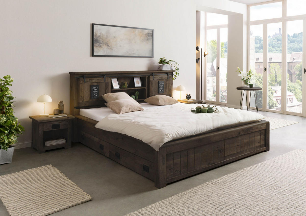 HOLZBETT mit Schublade Mango 140x200 grau lackiert RAILWAY #270 - Grau, Holz (140/200cm) - Massivmoebel24