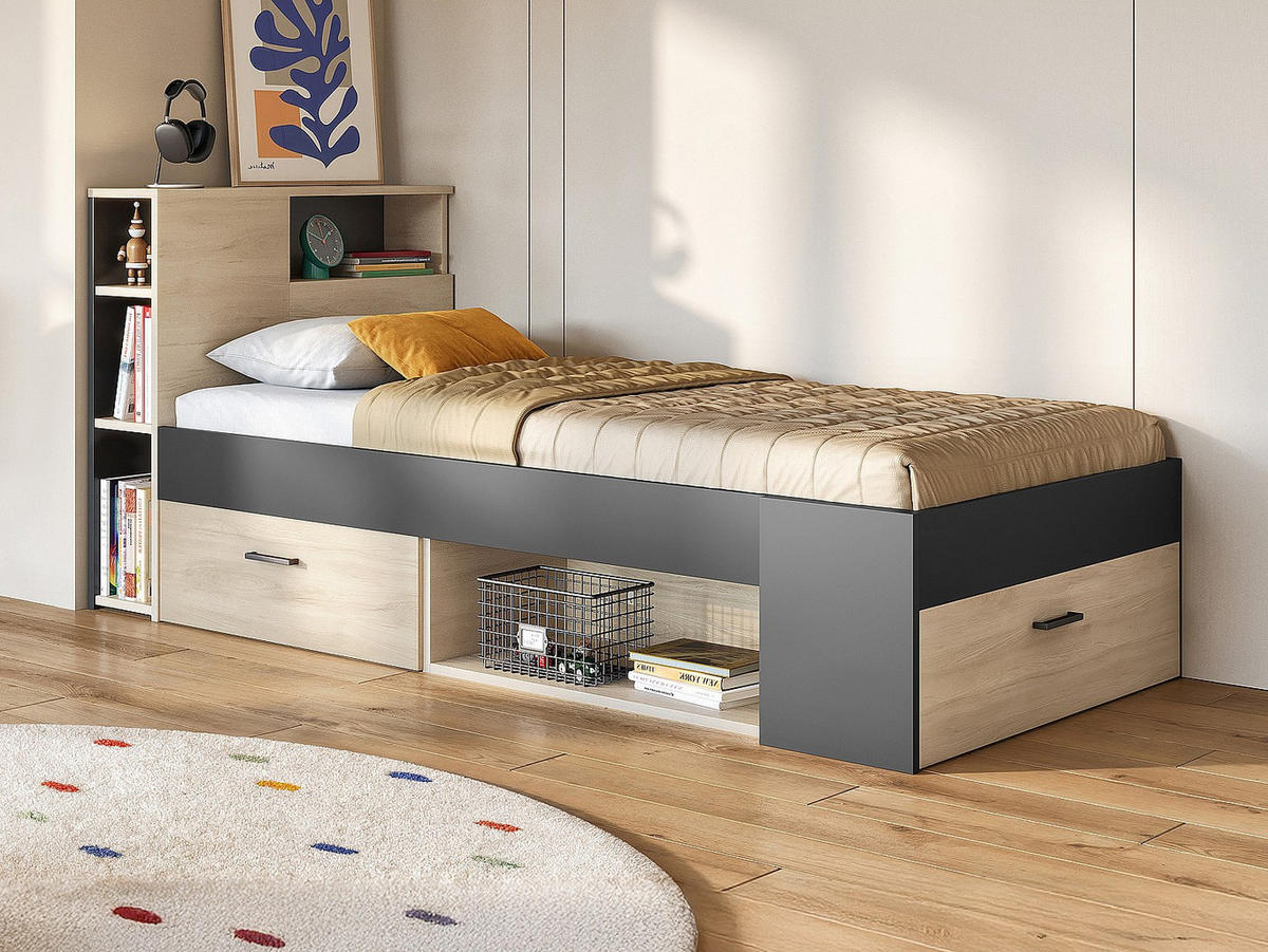 BETT mit Kopfteil, Stauraum & Schublade + Matratze + Lattenrost - 90 x 190 cm - Naturfarben & Anthrazit - LEANDRE - Anthrazit, Holz (99.5/218.5cm) - Vente-Unique