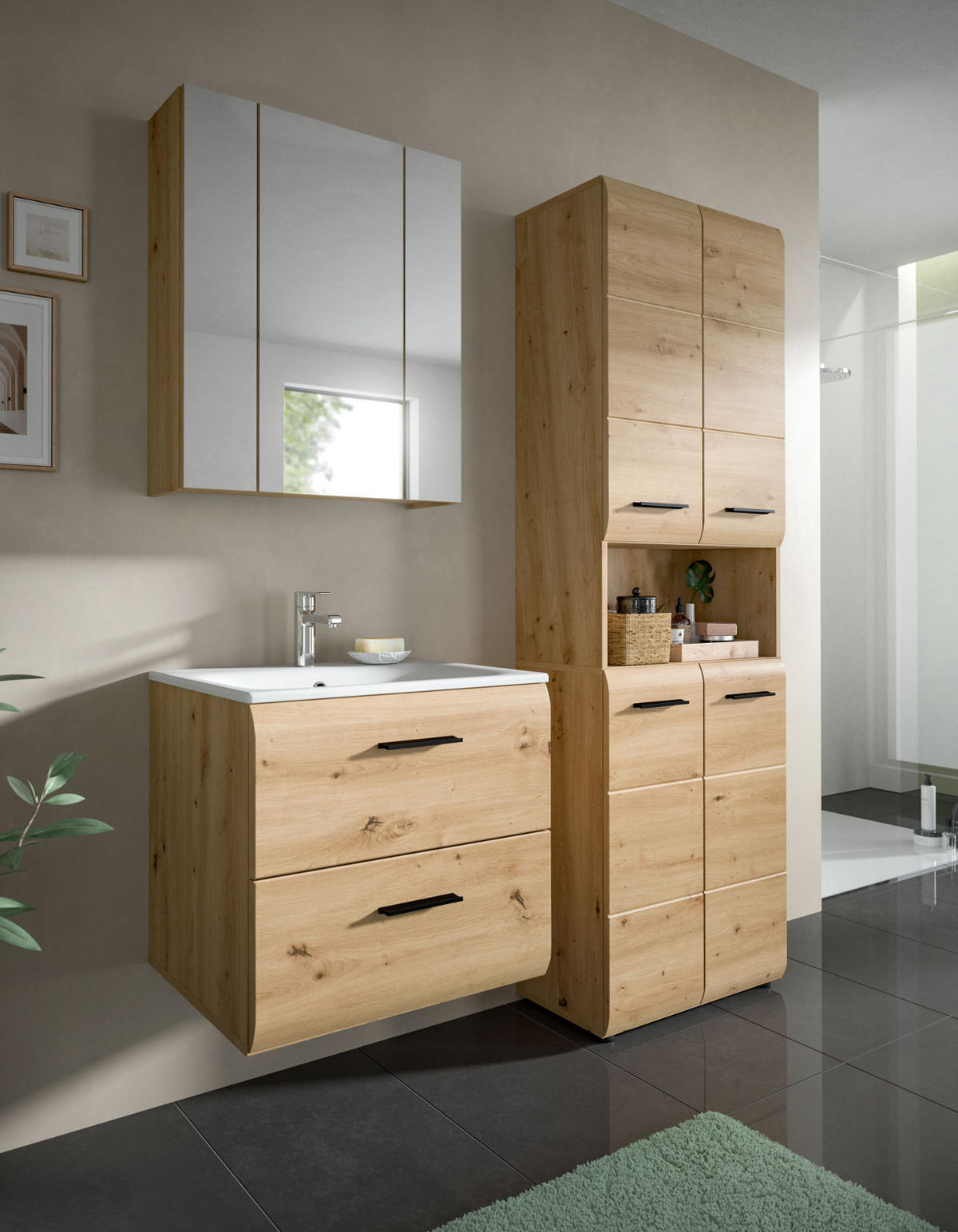 BADMÖBEL-SET 3-teilig in Artisan Eiche, Badkombination mit Waschtisch, 135 x 185 cm Cover - Schwarz/Eiche Artisan, Glas/Keramik (135/185/30cm) - Inn.Furn