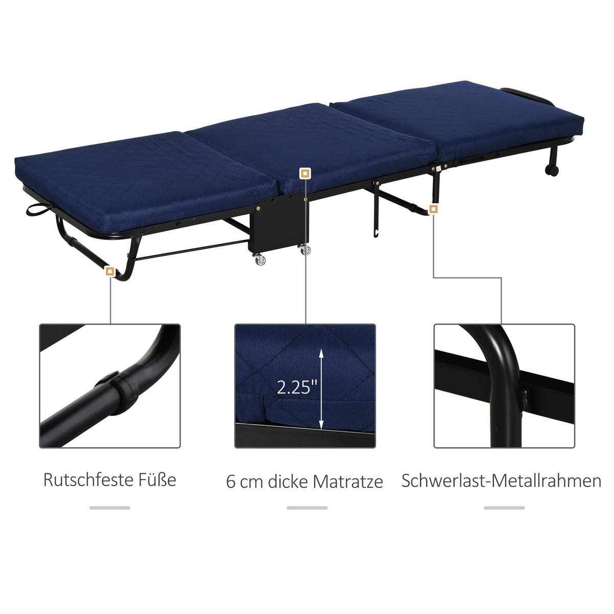 GÄSTEBETT klappbar 2-in-1 Klappbett Verstellbare Kopfteilhöhe mit Rollen Blau - Blau, Metall - HOMCOM