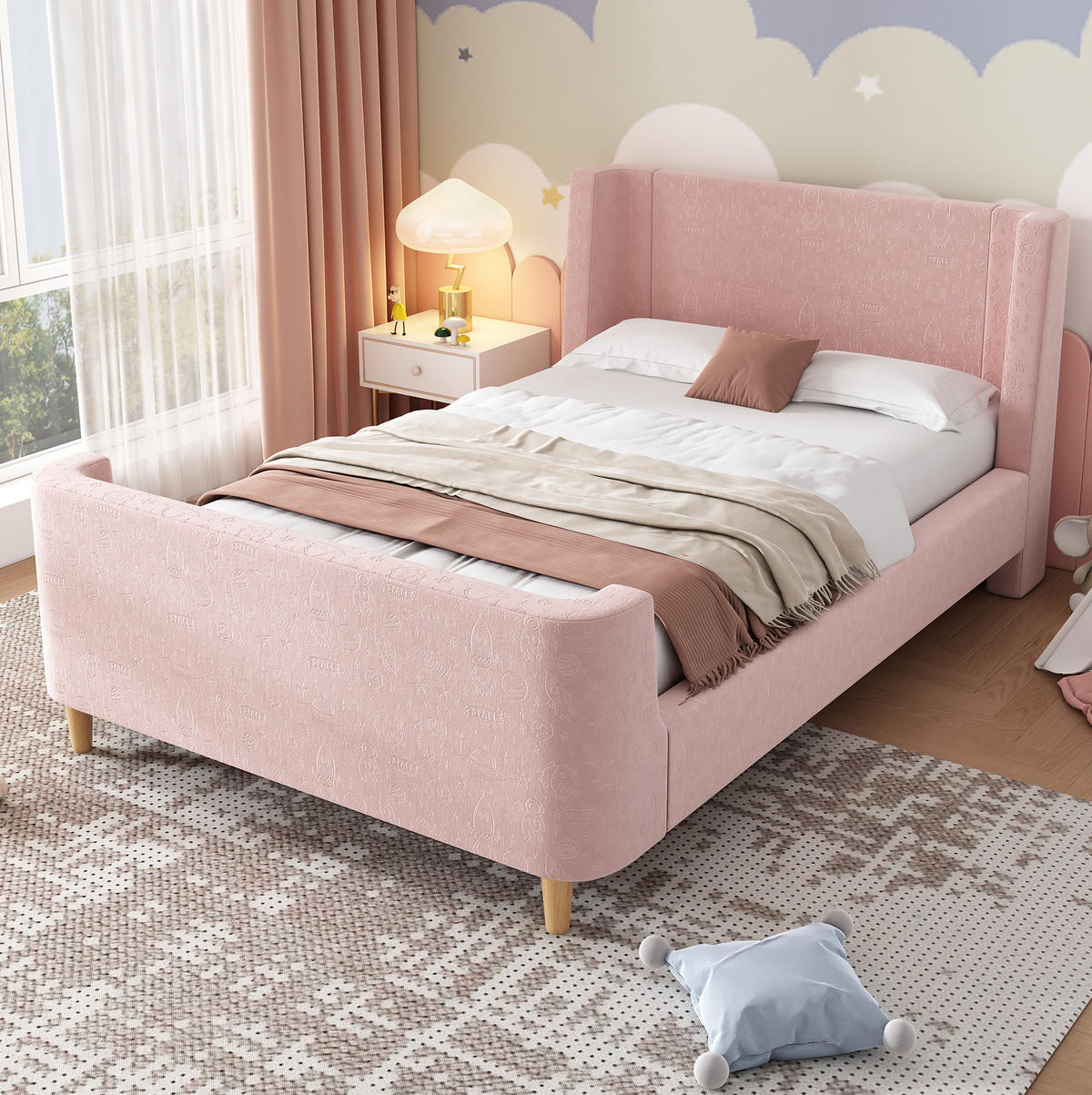 KINDERBETT 90/200 cm Rosa aus Samt mit Weltraummuster - Pink, Textil (90/200cm) - OKMYHOME