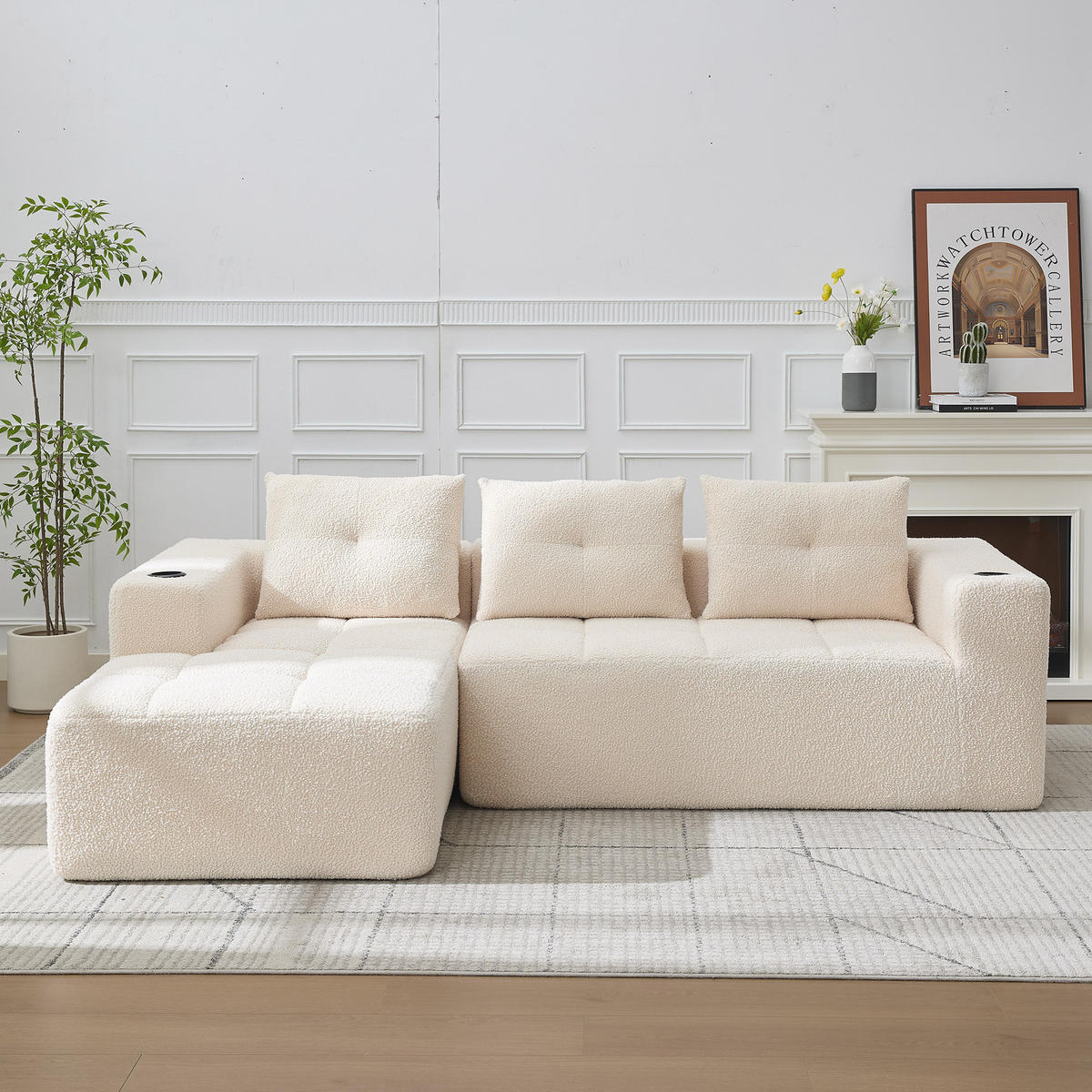 ECKSOFA 5-Sitzer Polyester Beige mit Becherhaltern - Beige, Textil (258/163cm) - WISHDOR